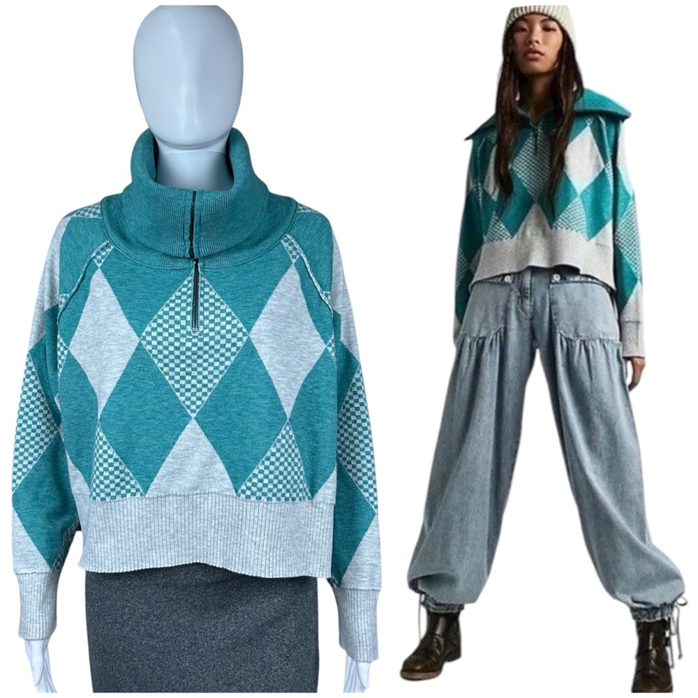 Free People Lucy 1/2 Zip Pullover Sweater XS High Low Oversized Boxy Fit Grunge